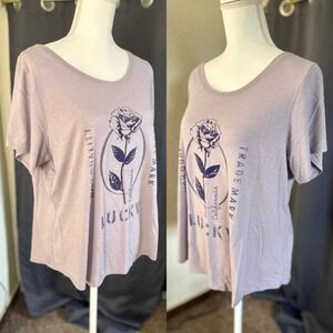 Lucky Brand Womens Rose Graphic Tee Purple Grey Short Sleeve Scoop Neck XL